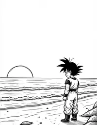 Goku admiring a sunset over a serene beach