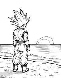 Goku admiring a sunset over a serene beach