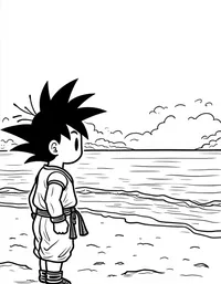 Goku admiring a sunset over a serene beach