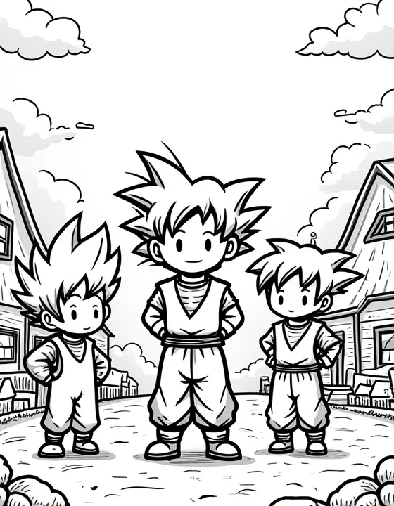 Goku and friends at a festive village celebration