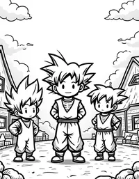 Goku and friends at a festive village celebration coloring pages