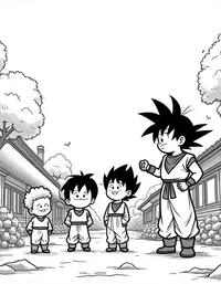 Goku and friends at a festive village celebration