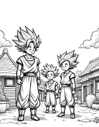 Goku and friends at a festive village celebration