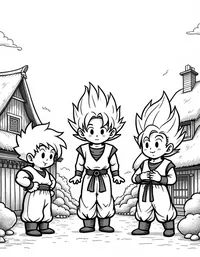 Goku and friends at a festive village celebration