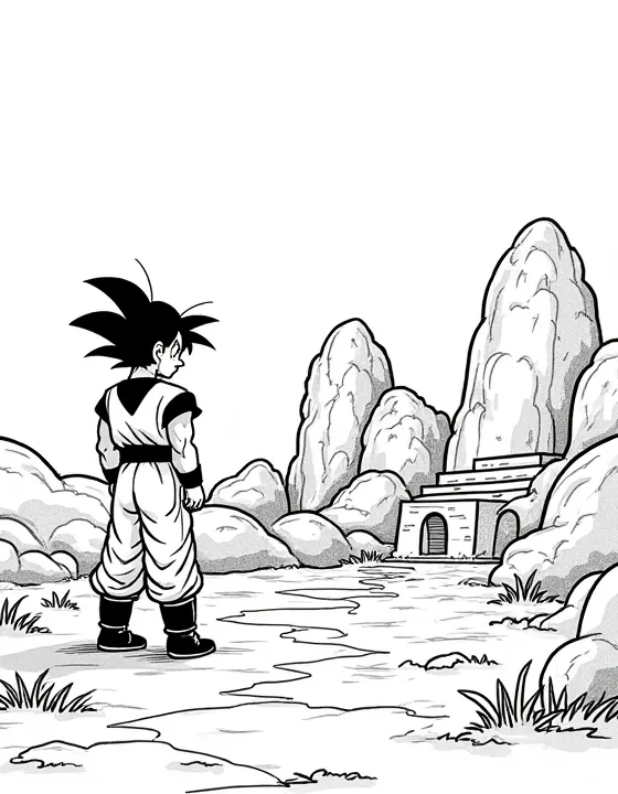 Goku exploring an ancient temple