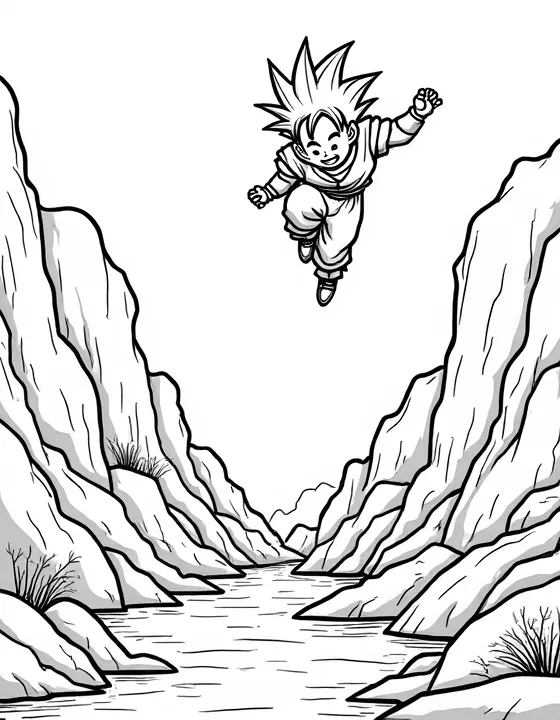 Goku flying over crystal-clear waterfalls