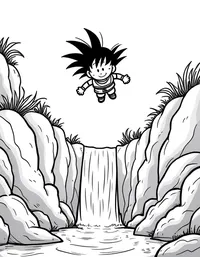 Goku flying over crystal-clear waterfalls