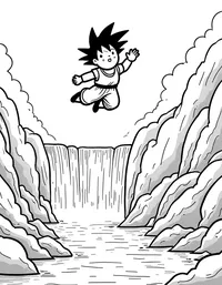 Goku flying over crystal-clear waterfalls