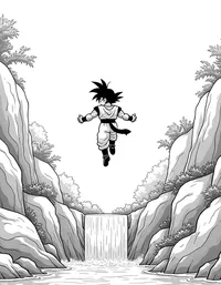 Goku flying over crystal-clear waterfalls