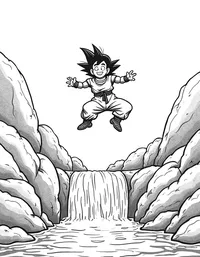 Goku flying over crystal-clear waterfalls