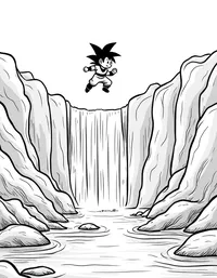 Goku flying over crystal-clear waterfalls