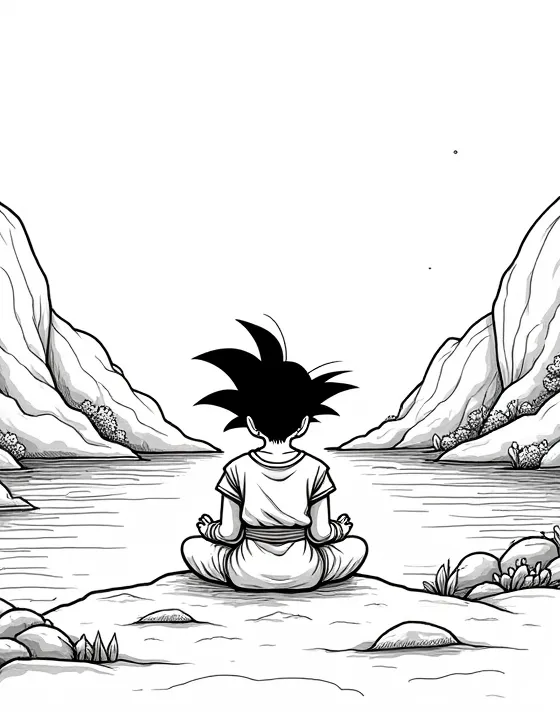 Goku meditating near a tranquil lake