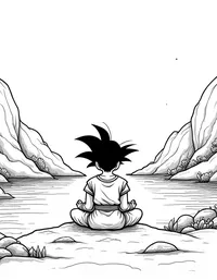 Goku meditating near a tranquil lake coloring pages