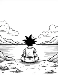 Goku meditating near a tranquil lake