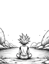 Goku meditating near a tranquil lake