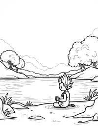 Goku meditating near a tranquil lake