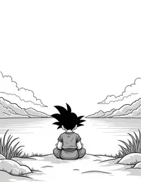 Goku meditating near a tranquil lake