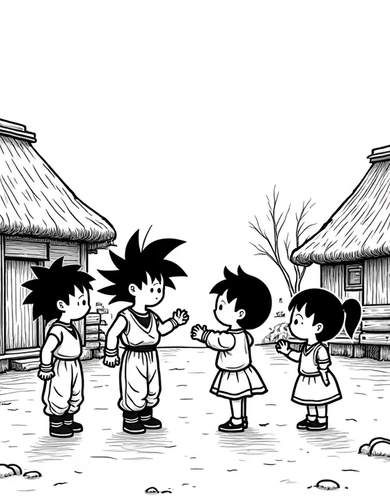 Goku playing with children in a village square