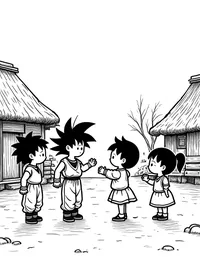 Goku playing with children in a village square coloring pages