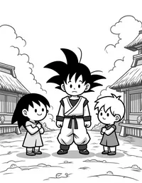 Goku playing with children in a village square