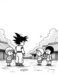 Goku playing with children in a village square