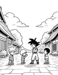 Goku playing with children in a village square