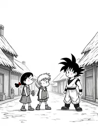 Goku playing with children in a village square