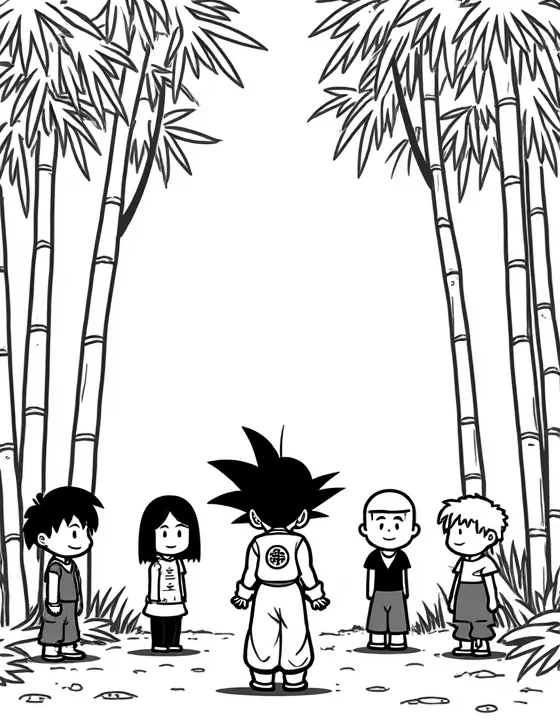 Goku practicing with his friends in a bamboo grove