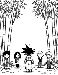 Goku practicing with his friends in a bamboo grove coloring pages