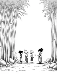 Goku practicing with his friends in a bamboo grove