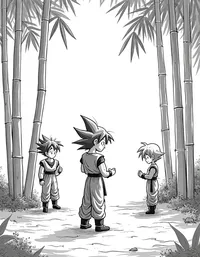 Goku practicing with his friends in a bamboo grove