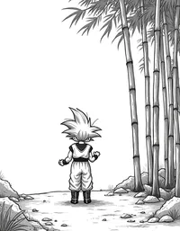 Goku practicing with his friends in a bamboo grove