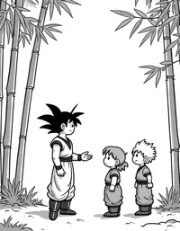 Goku practicing with his friends in a bamboo grove