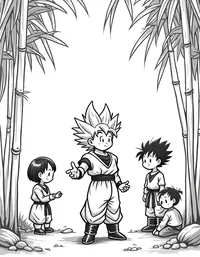 Goku practicing with his friends in a bamboo grove