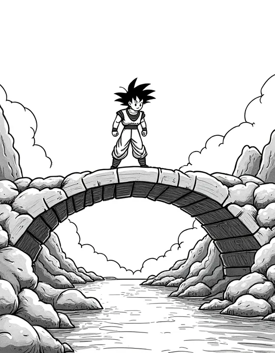 Goku saving villagers from a collapsing bridge