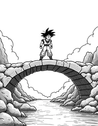 Goku saving villagers from a collapsing bridge