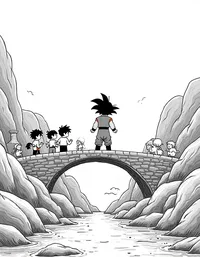 Goku saving villagers from a collapsing bridge