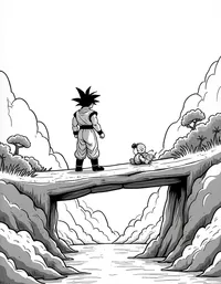 Goku saving villagers from a collapsing bridge