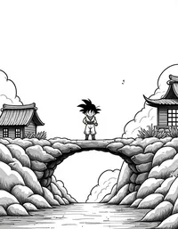 Goku saving villagers from a collapsing bridge