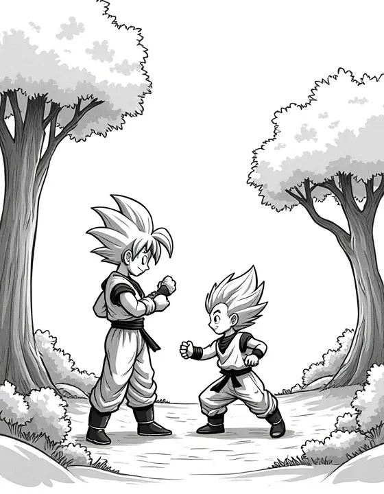 Goku sparring with Krillin in a serene forest