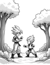 Goku sparring with Krillin in a serene forest coloring pages