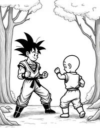 Goku sparring with Krillin in a serene forest