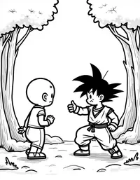 Goku sparring with Krillin in a serene forest