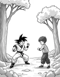 Goku sparring with Krillin in a serene forest