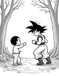 Goku sparring with Krillin in a serene forest