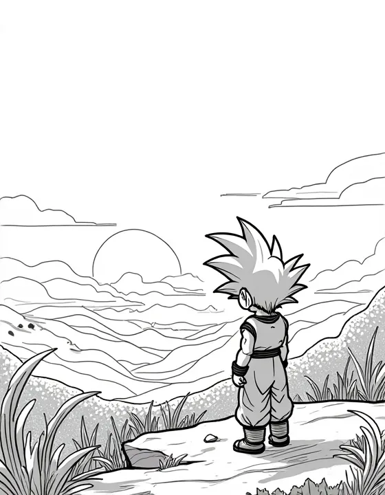 Goku watching a sunset over lush hills