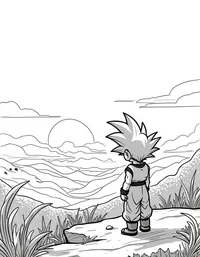 Goku watching a sunset over lush hills coloring pages