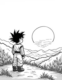 Goku watching a sunset over lush hills