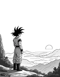 Goku watching a sunset over lush hills