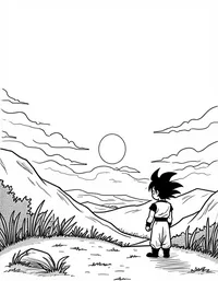 Goku watching a sunset over lush hills